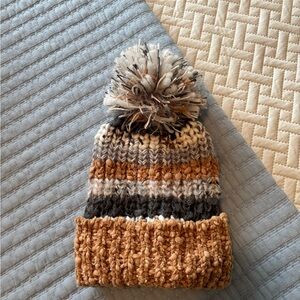 Steve Madden Brown and Gray Knit Pom-Pom Beanie